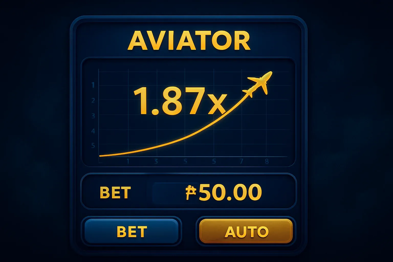 Aviator crash game UI with plane trajectory, multiplier graph, and PHP bets
