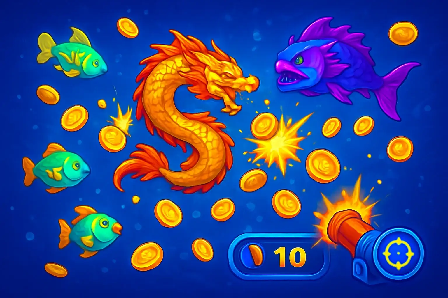 Vibrant Philippine casino fishing game with colorful fish, cannon UI, coin explosions