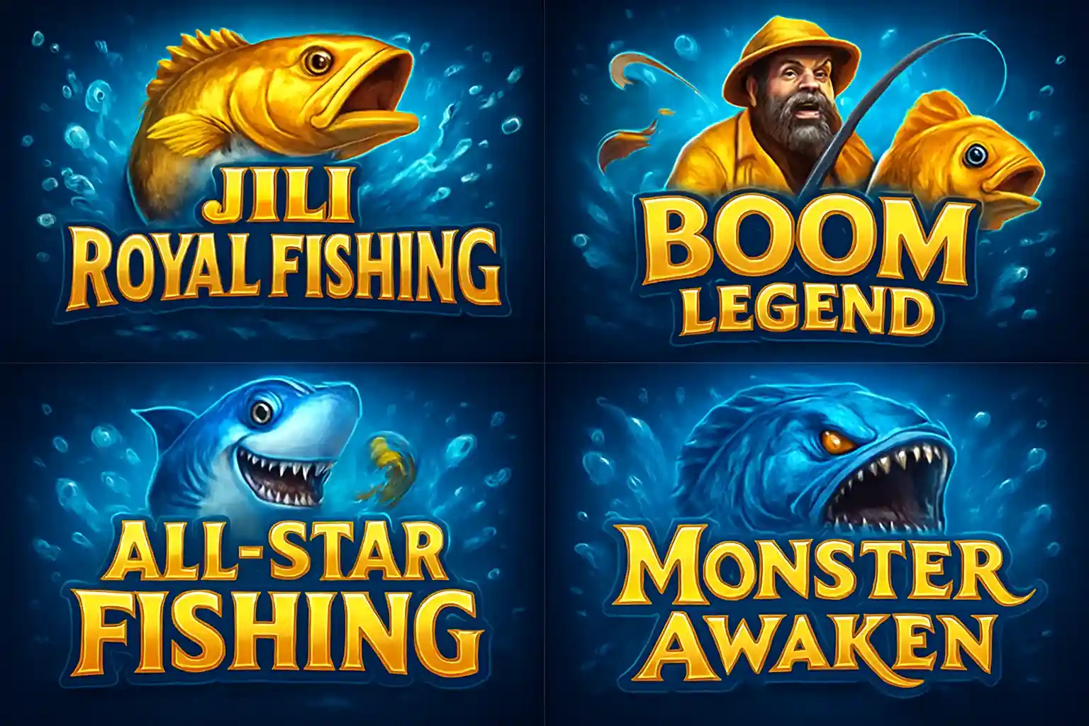 Grid of popular Philippine fishing game thumbnails in vibrant blue and gold