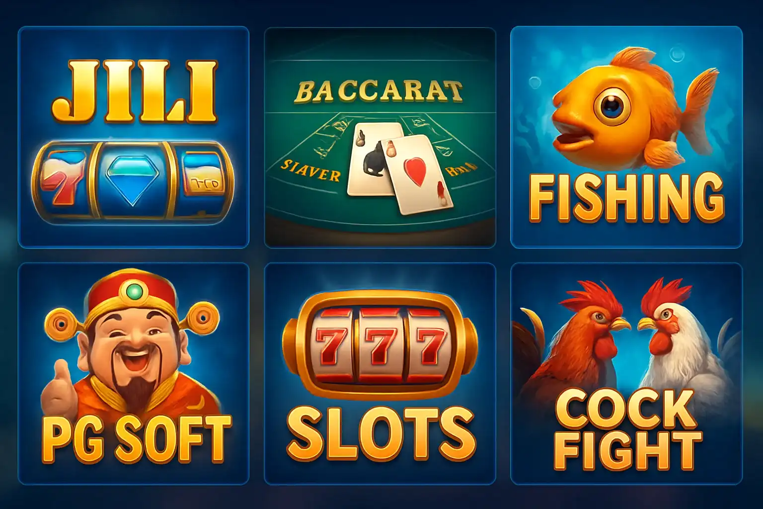 Colorful grid of Philippine casino game thumbnails with blue and gold UI