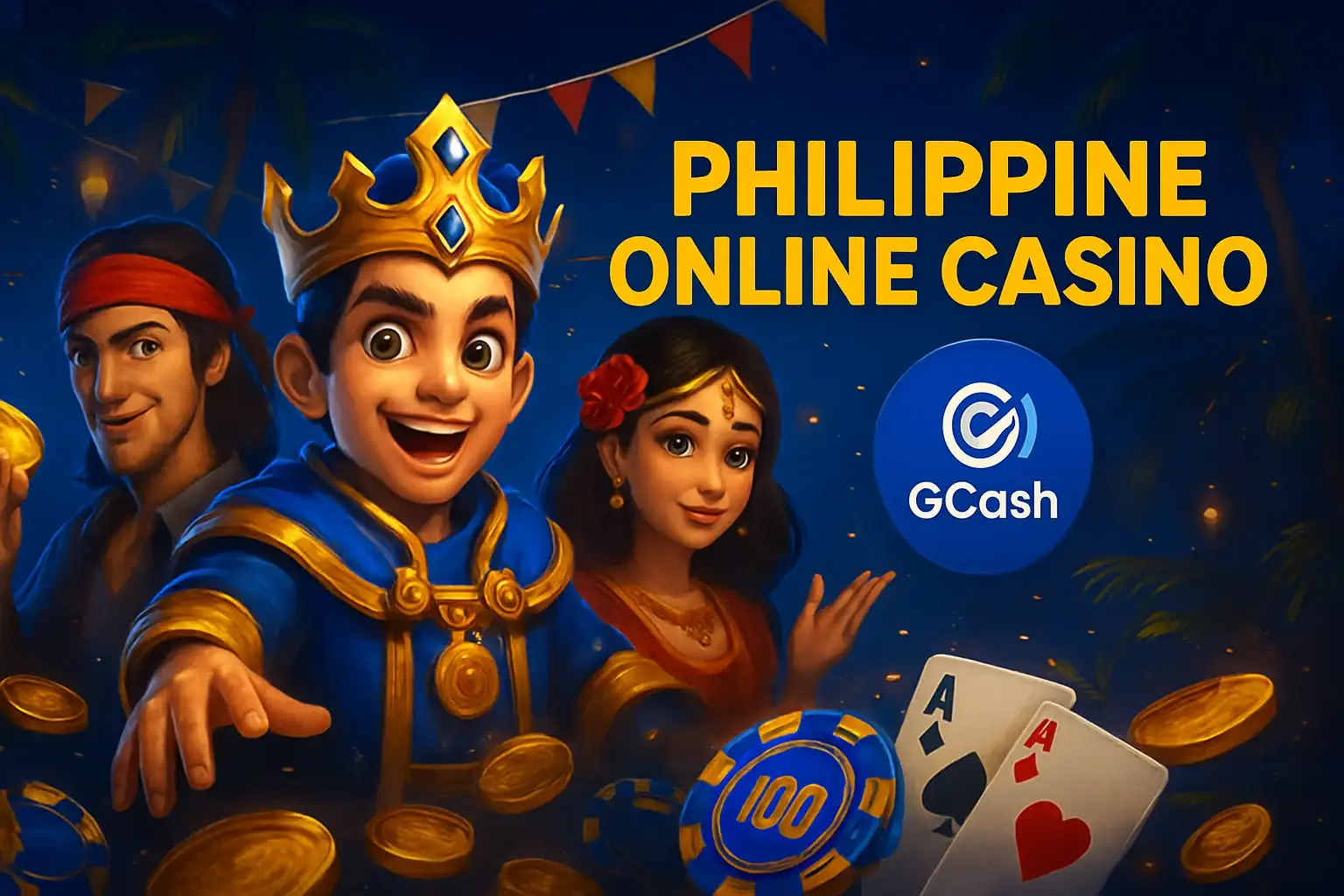 Vibrant Philippine online casino hero banner with JILI characters and GCash badge