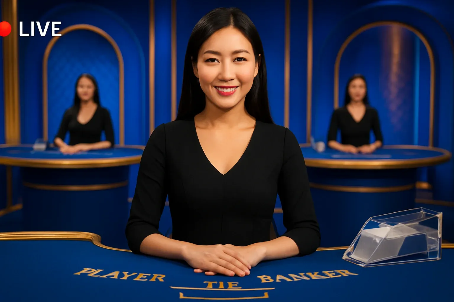 Elegant live casino studio with Asian dealers, baccarat and blackjack tables