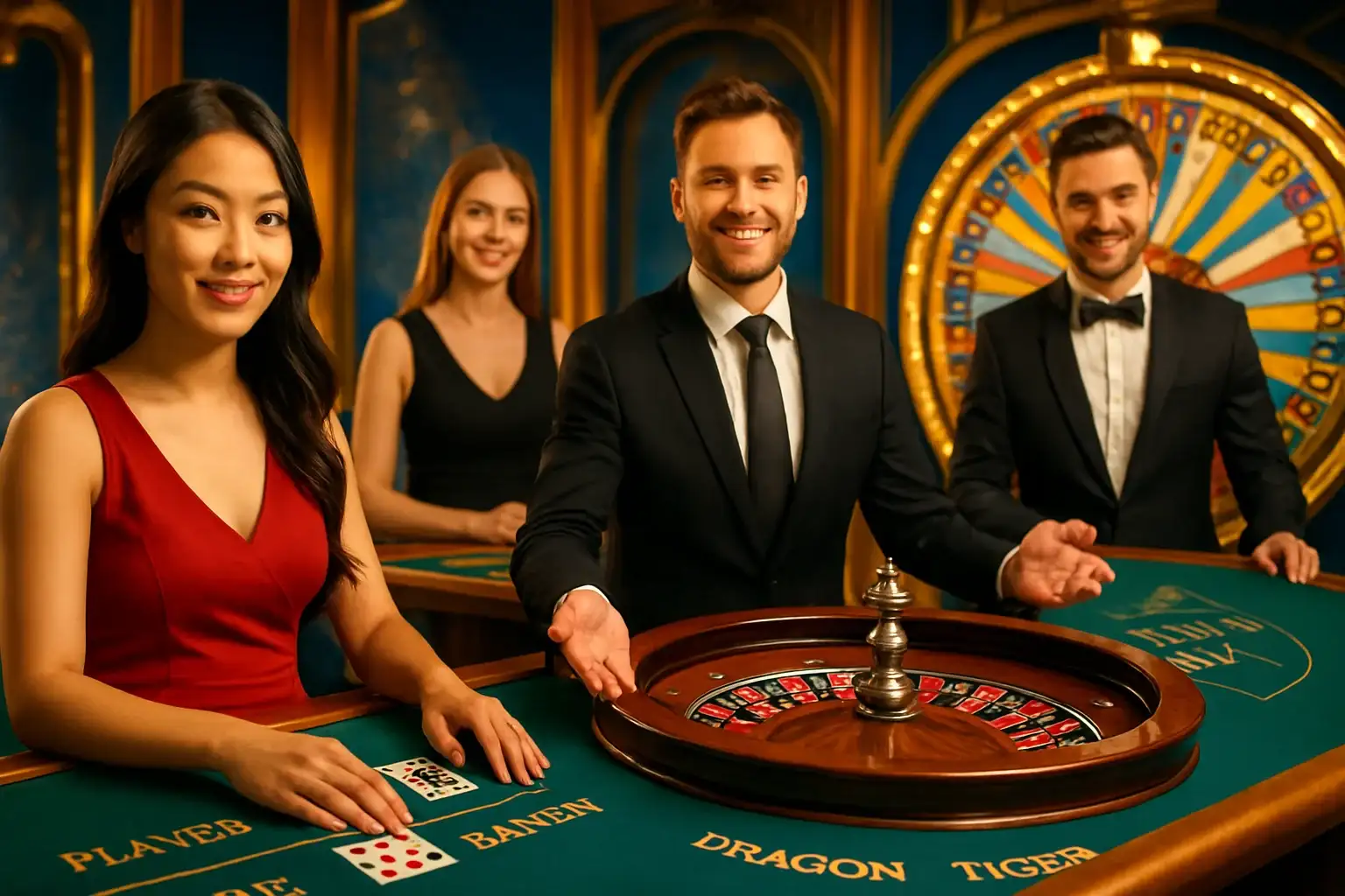 Live casino game cards with baccarat, roulette, Crazy Time, and dealers