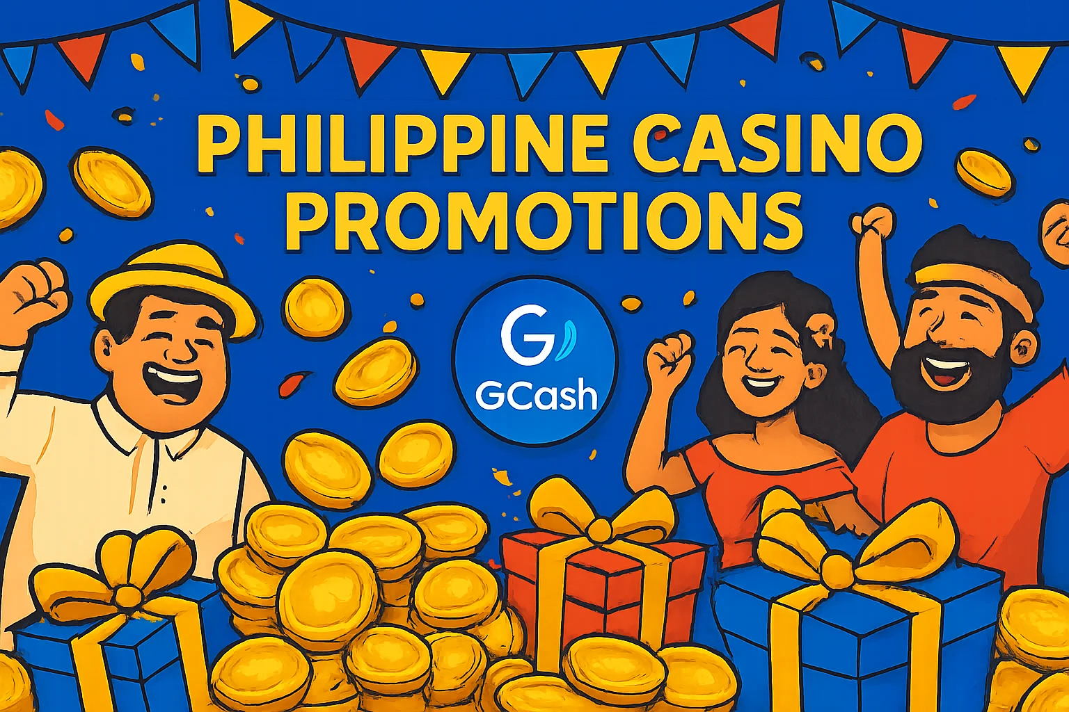Philippine casino promotions banner with gold coins, gift boxes, GCash badge, JILI characters