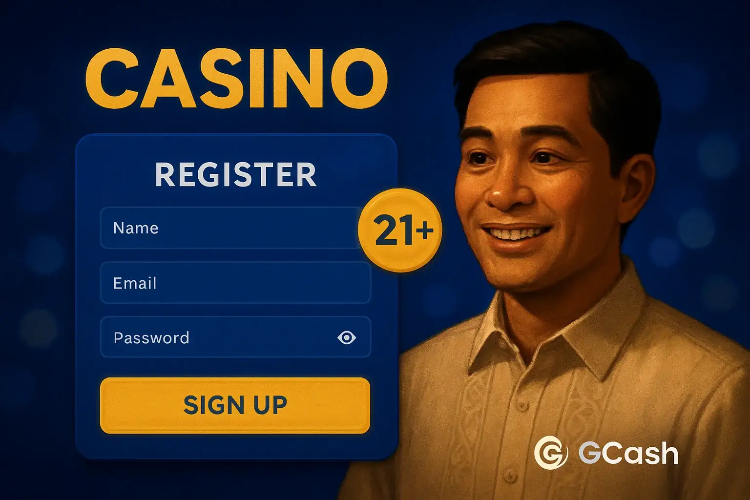 Philippine casino registration page with GCash logo and gold 21+ badge