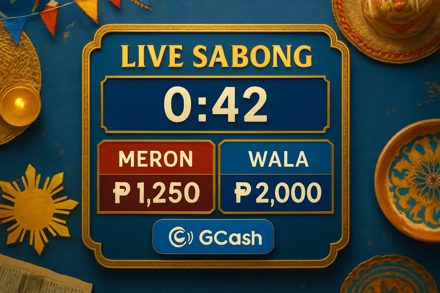 Live sabong countdown timer with Meron vs Wala betting panel and GCash badge