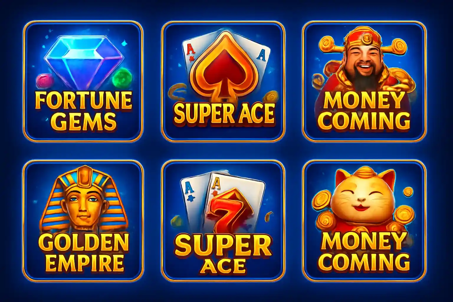 Grid of JILI and PG Soft slot game thumbnails on blue gold background