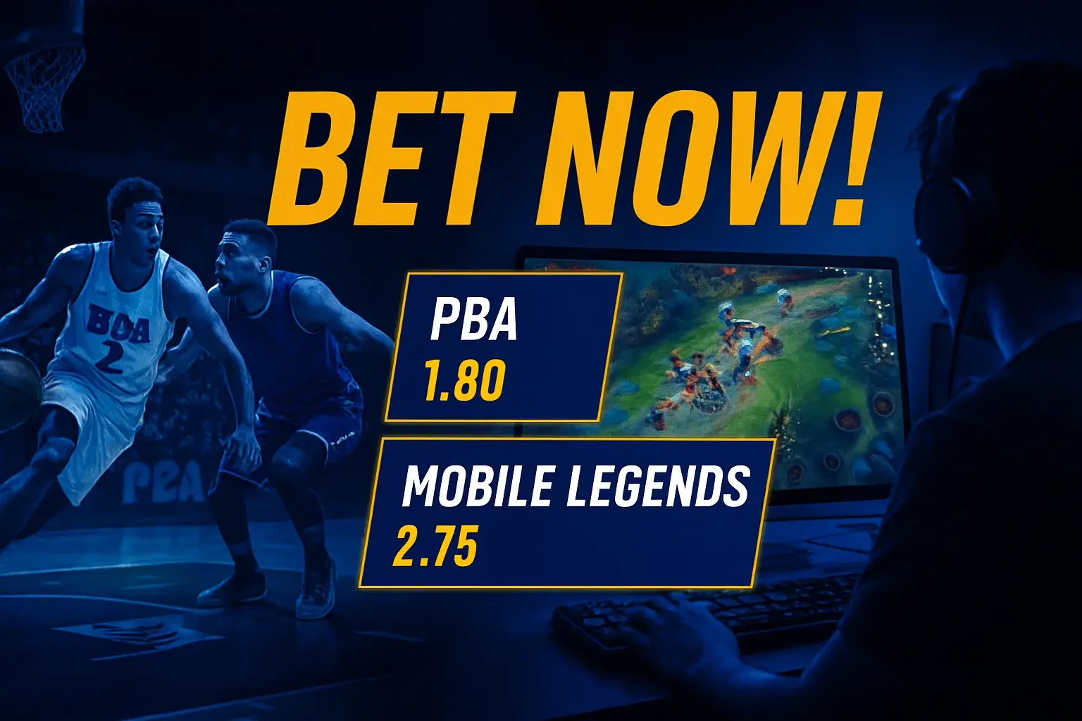 Dynamic Philippine sports betting banner with PBA action and Mobile Legends setup