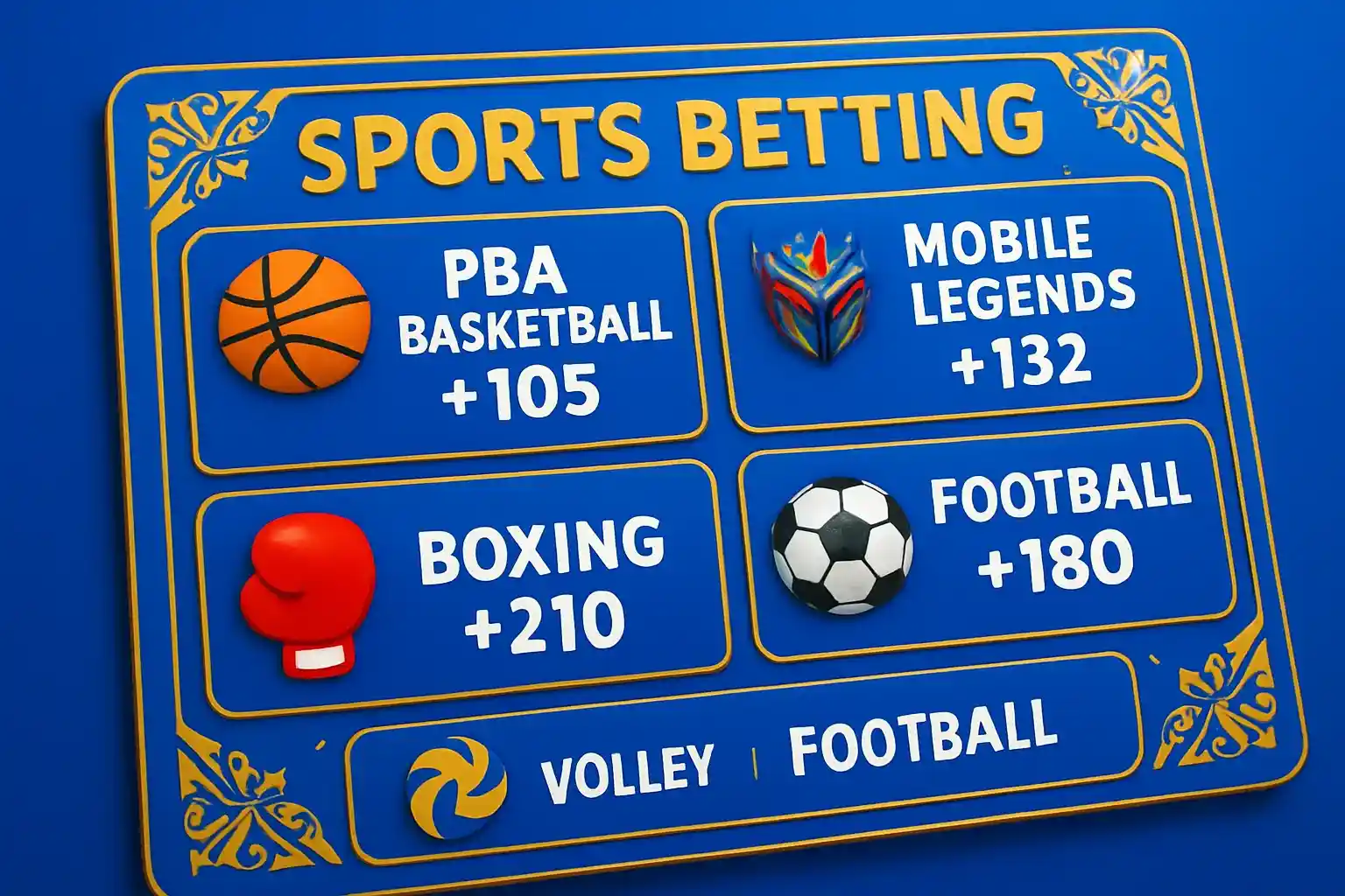 Sports betting markets with PBA, Mobile Legends, boxing, volleyball, football odds